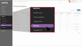 Click to enlarge Left menu in Xello's educator account. Reports is open and cursor is about to select Surveys